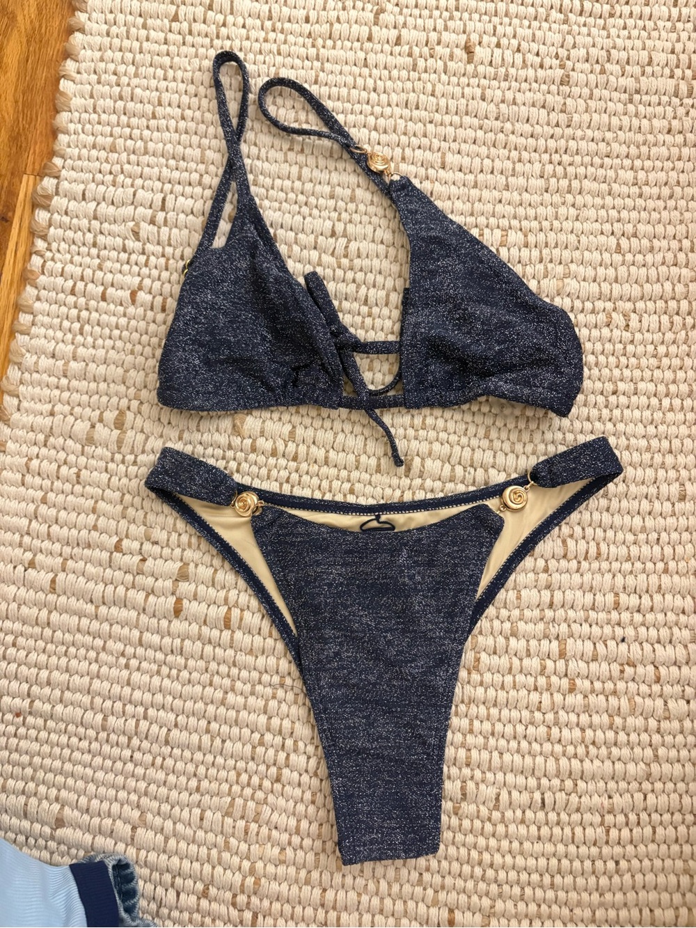 Fashion Nova Navy Shimmer Triangle Bikini with Gold Accents
